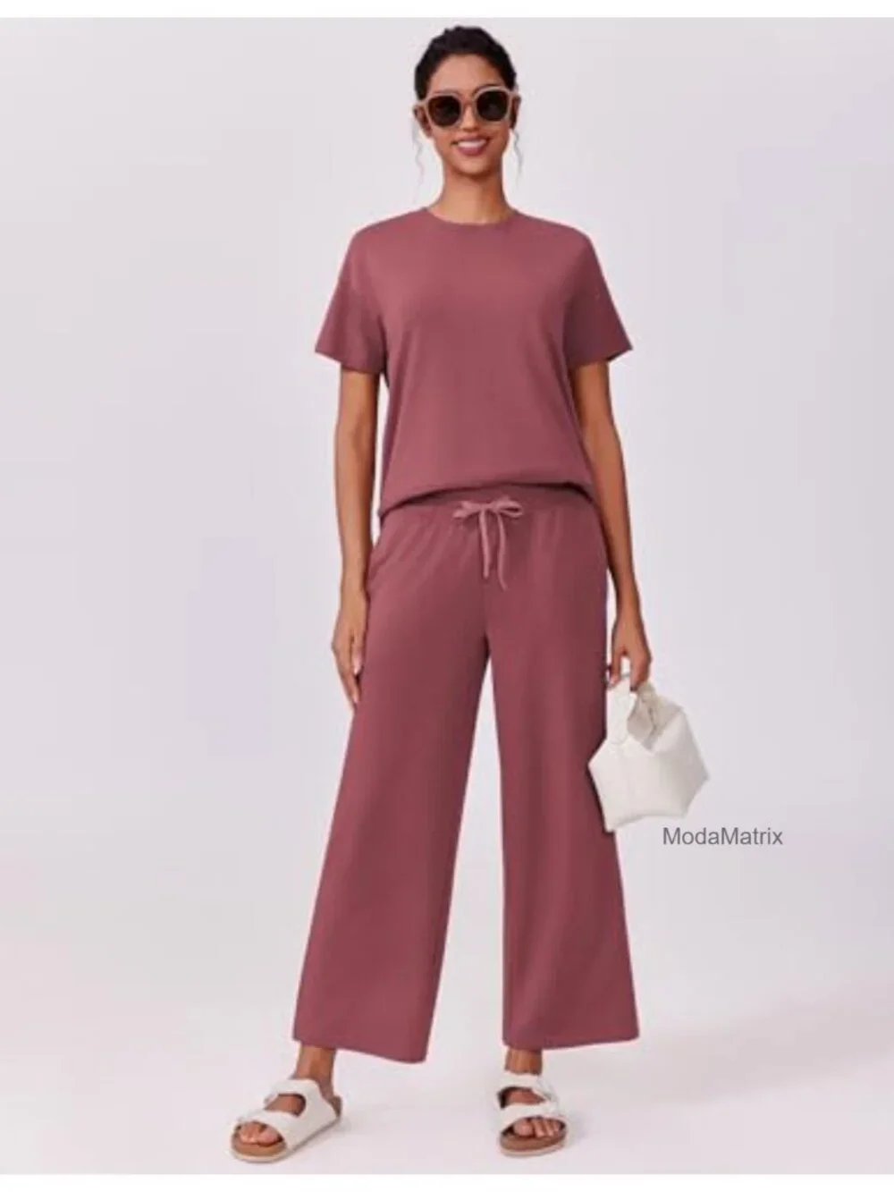 2 Piece Lounge Set Short Sleeve Wide Leg Pants Travel Matching Outfit